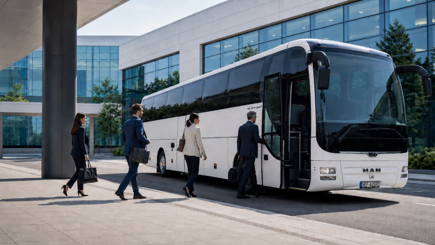 Firemní tým nastupuje do autobusu u kancelářské budovy