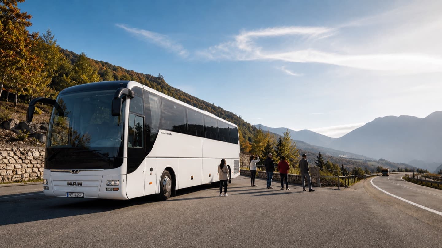 Autobus na evropské horské trase pro mezinárodní přepravu
