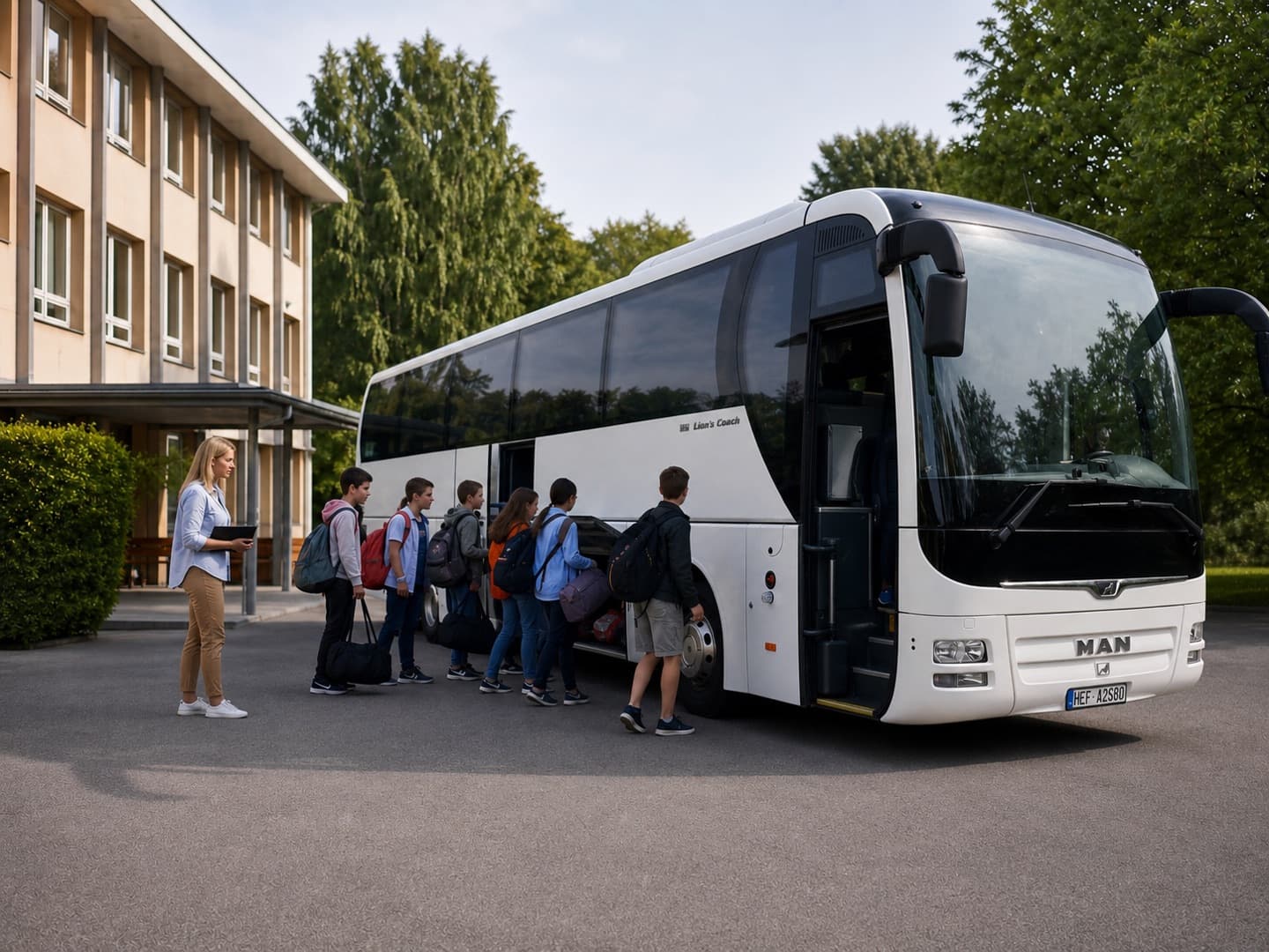 Školní skupina nastupuje do autobusu na výlet