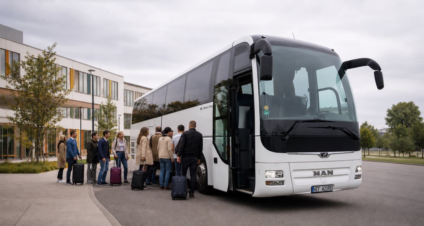 Autobus připravený pro nástup skupiny cestujících