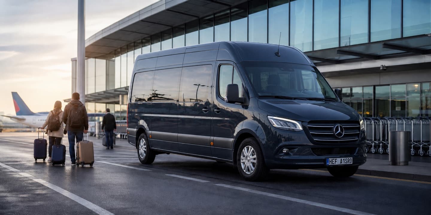 Minibus u letištního terminálu pro plánovaný transfer