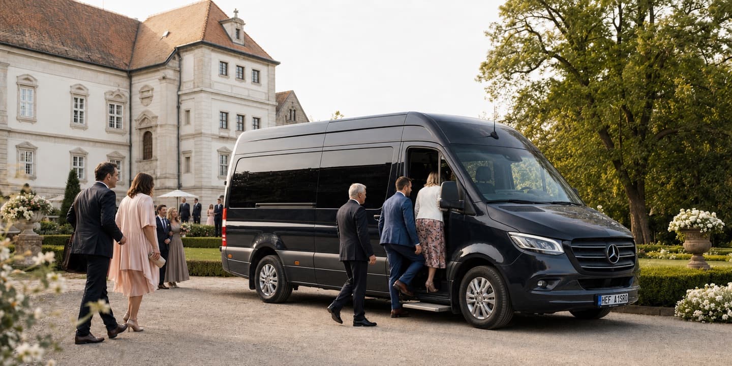 Svatební hosté nastupují do minibusu u zámeckého areálu